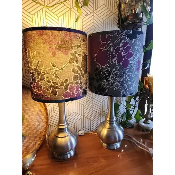 Vintage Early 2000s Brushed Chrome Lamps With Black And Purple Floral Shades - Picture 5 of 11